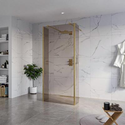 Fortifura Galeria Vrijstaande Inloopdouche - 90x200cm - Rookglas - antikalk - 8mm veiligheidsglas - 2 zijwanden 30cm - wandsteunen en hoekprofielen - Geborsteld Messing PVD (Goud) SW927770 2x/SW797938/SW797930 2x/SW798731 2x