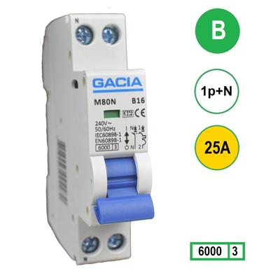 25A GACIA installatieautomaat M80N-B25 inst. 1p+n B25 6kA (18mm)