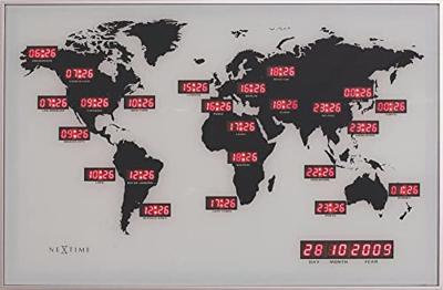 Wandklok - 55 x 36 x 4 cm - Glas - Aluminium - Wereldklok - 'World Time Digit'