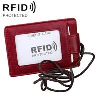 KB153 Antimagnetic RFID Leather Card Holder ID Card Badge with Lanyard (Red) - thumbnail