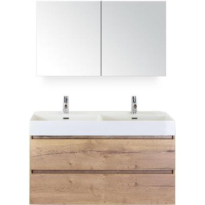 Maxx XL Badmeubelset 120 cm - Natuur Eiken - Wastafel Kube Dubbel 2 Kraangaten met Spiegelkast