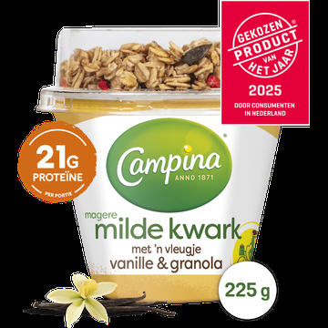 Campina Magere Milde Kwark met &apos;n Vleugje Vanille & Granola 225 g bij Jumbo