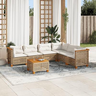 7-delige Loungeset met kussens poly rattan beige