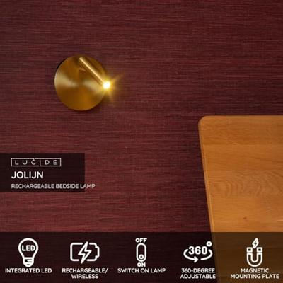 Lucide JOLIJN - Oplaadbare Bedlamp / Wandlamp - Accu/Batterij - Ø 10,2 cm - LED - 1x2W 3000K - Magnetisch - Mat Goud / Messing Lucide JOLIJN - Oplaadbare Bedlamp / Wandlamp - Accu/Batterij - Ø 10,2 cm - LED - 1x2W 3000K - Magnetisch - Mat Goud / Messing