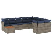 10-delige Loungeset met kussens poly rattan grijs - thumbnail