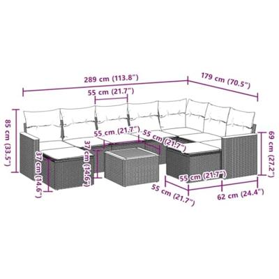 10-delige Loungeset met kussens poly rattan grijs