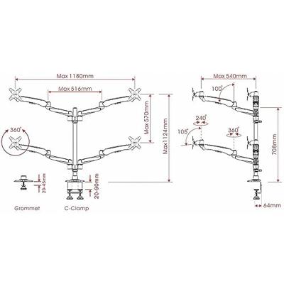 SpeaKa Professional SP-3957076 Flex Monitor-tafelbeugel Aantal monteerbare displays: 4 Display(s) 25,4 cm (10) - 68,6 cm (27) Zwart, Zilver In hoogte
