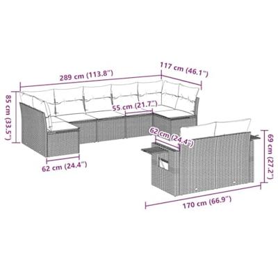 9-delige Loungeset met kussens poly rattan bruin