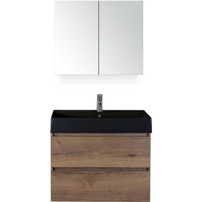 Maxx XL Badmeubelset 80 cm - Tabacco - Wastafel Kube Zwart 1 Kraangat met Spiegelkast