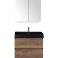 Maxx XL Badmeubelset 80 cm - Tabacco - Wastafel Kube Zwart 1 Kraangat met Spiegelkast - thumbnail
