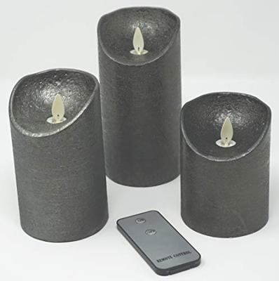 3ST KAARS ANTRACIET WAX RUSTIEK BEWEGENDE VLAM 7,5X10/12,5/15CM AFSTANDSBEDIENING 3X3AAA - Annas collection - thumbnail