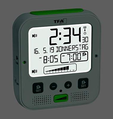 TFA Dostmann 60.2538.02 Wekker Zendergestuurd Wit, Groen Alarmtijden 2 Trilalarm, Extra luid wekgeluid, Groot display