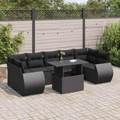 8-delige Loungeset met kussens poly rattan zwart