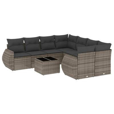 9-delige Loungeset met kussens poly rattan grijs - thumbnail