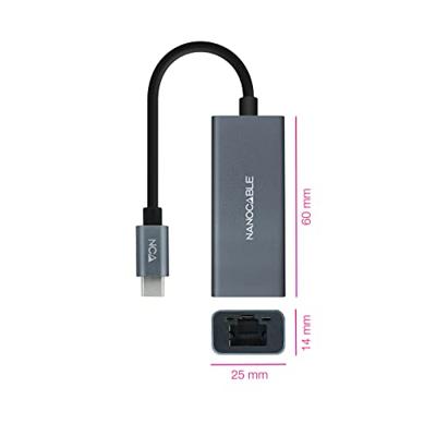 NANOCABLE 10.03.0406 Converter USB-C naar Gigabit Ethernet 10/100/1000 Mbps, aluminium, grijs, 15 cm