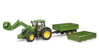 John Deere 7R 350 met voorlader en trailer van Bruder - thumbnail