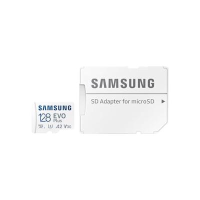 Samsung EVO Plus microSD-kaart Retail 128 GB UHS-I, v30 Video Speed Class, A2 Application Performance Class Incl. SD-adapter Samsung EVO Plus microSD-kaart Retail 128 GB UHS-I, v30 Video Speed Class, A2 Application Performance Class Incl. SD-adapter