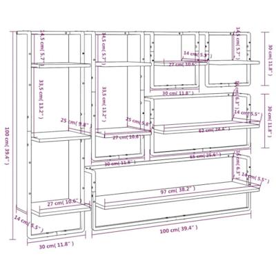 6-delige Wandschappenset met stangen bewerkt hout gerookt eiken