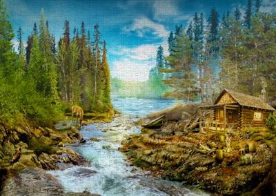 A Log Cabin by the Rapids Puzzel 1000 Stukjes