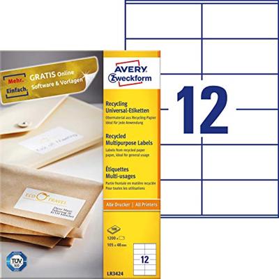 Avery Witte gerecycleerde universele etiketten ft 105 x 48 mm (b x h), 1.200 stuks, 12 per blad Avery Witte gerecycleerde universele etiketten ft 105 x 48 mm (b x h), 1.200 stuks, 12 per blad