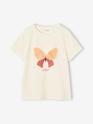 Meisjes-T-shirt met frisou-animatie en iriserende details vanille
