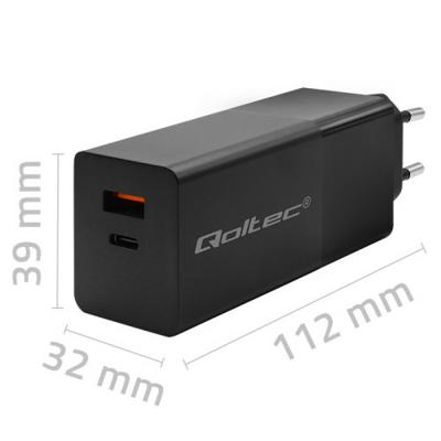 Qoltec 52382 GaN POWER PRO-oplader | 1xUSB-type C | 1xUSB A | 100W | 5-20V | 1,5-5A | PD | Zwart