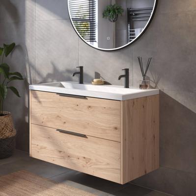 Saqu Lima badmeubel incl. glans witte wastafel met 2 kraangaten 100x52x64cm naturel eiken - mat zwarte greep