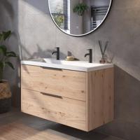 Saqu Lima badmeubel incl. glans witte wastafel met 2 kraangaten 100x52x64cm naturel eiken - mat zwarte greep - thumbnail