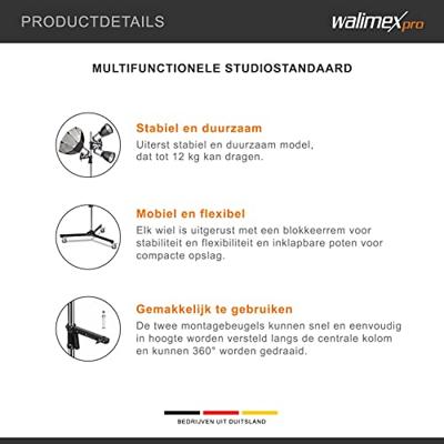 Walimex pro Rolstatief 223 cm, robuust studiostatief met 2 snel verschuifbare klemhouders en stabiele wielen, belastbaar tot 12 kg, ideaal voor de veelzijdige bevestiging van studio-apparatuur