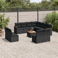 12-delige Loungeset met kussens poly rattan zwart - thumbnail