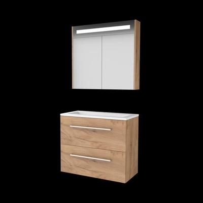 Basic-Line Premium 39 Badkamermeubelset - Ondiep - 80 x 39 cm - Met Grepen - 2 Lades - Acryl Wastafel - 1 Kraangat - Spiegelkast met LED Verlichting - Whisky Oak