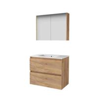 Basic-Line Comfort 46 Badkamermeubelset - 80 x 46 cm - Greeploos - 2 Lades - Keramische Wastafel - 1 Kraangat - Spiegelkast - Whisky Oak - thumbnail
