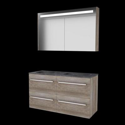 Basic-Line Premium 46 Badkamermeubelset - 120 x 46 cm - Met Grepen - 4 Lades - Hardstenen Wastafel - 2 Kraangaten - Spiegelkast met LED Verlichting - Scotch Oak