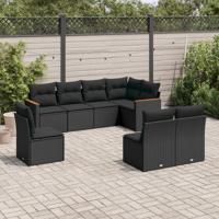 8-delige Loungeset met kussens poly rattan zwart - thumbnail