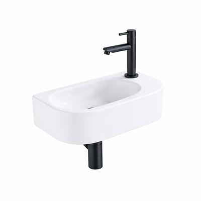 QeramiQ Fuente Fonteinset - 40x21.5x12cm - rechts - glad - halfrond - 1 kraangat - keramiek - fonteinkraan zwart mat - afvoerplug - verlaagd sifon - wit mat SW1209551/SW696205/SW696215/SW696235