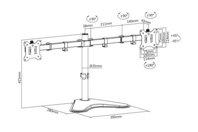 Digitus DA-90401 Monitor-tafelbeugel Aantal monteerbare displays: 2 Display(s) 38,1 cm (15) - 81,3 cm (32) Zwart, Zwart (mat) Draaibaar, In hoogte verstelbaar,