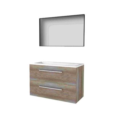 Basic-Line Framed 46 Badkamermeubelset - 100 x 46 cm - Met Grepen - 2 Lades - Acryl Wastafel - 1 Kraangat - Spiegel met Zwart Aluminium Frame - Scotch Oak