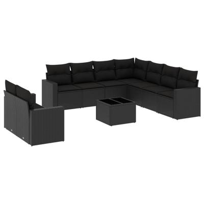 9-delige Loungeset met kussens poly rattan zwart