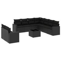 9-delige Loungeset met kussens poly rattan zwart - thumbnail