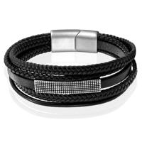 Mendes Jewelry Heren Armband - Robuust Zwart Leder met Zilveren Rechthoekige Plaat-23cm - thumbnail