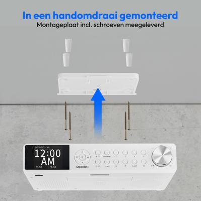 MEDION P66750 keukenonderbouwradio (DAB+ keukenradio, PLL FM-radio, dimbaar TFT-kleurendisplay, kookwekker, bluetooth, ledstrip, incl. montagemateriaal) wit