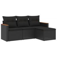 4-delige Loungeset met kussens poly rattan zwart - thumbnail