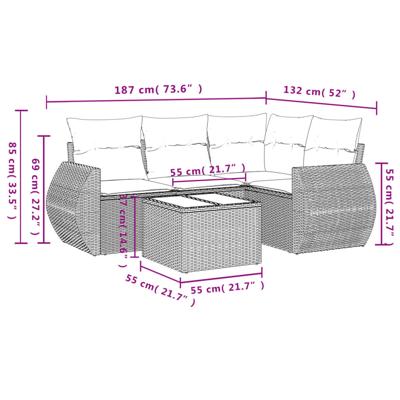5-delige Loungeset met kussens poly rattan zwart - thumbnail