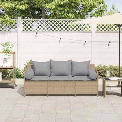 Tuinbank 3-zits met kussens poly rattan beige