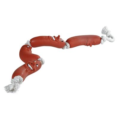Beeztees hondenspeelgoed worstjes met touw vinyl 65x5.5x3.5cm bruin/rood