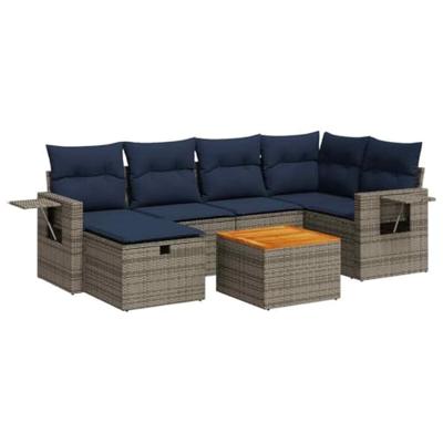 7-delige Loungeset met kussens poly rattan grijs