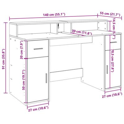 Bureau met LED-verlichting 140x55x91 cm bewerkt hout oud hout - thumbnail