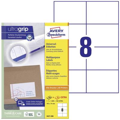 Avery Zweckform 3427, Universele etiketten, Ultragrip, wit, 200 vel, 8 per vel, 105 x 74 mm