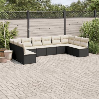 10-delige Loungeset met kussens poly rattan zwart - thumbnail