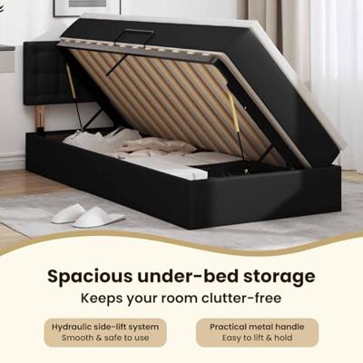 Opbergbed met LED met matras met LED Zwart 90 x 190 cm Nep Leer